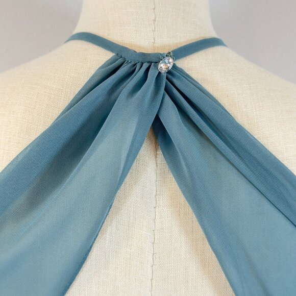 Morilee Madeline Gardner Teal Ruched Halter Maxi Dress Keyhole Back Zip Size 6 - Picture 7 of 13